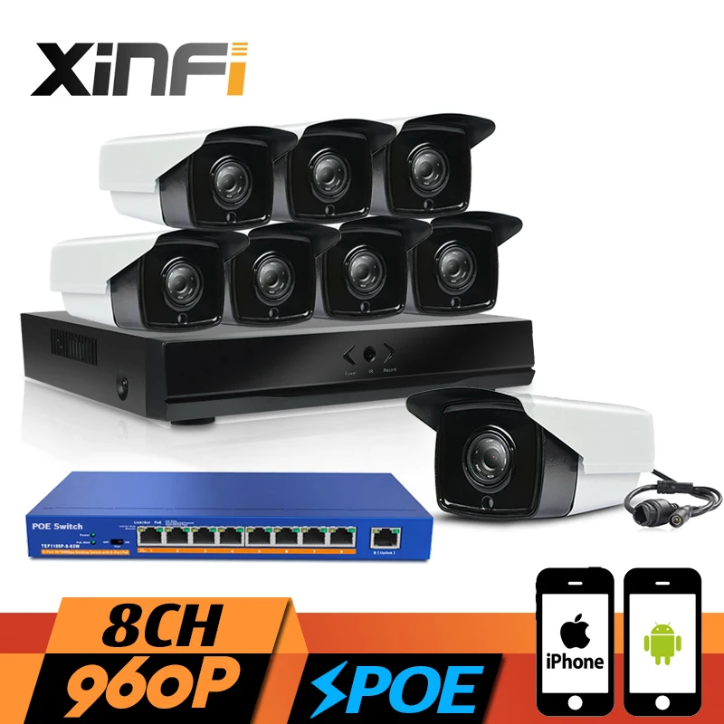 

XINFI 8CH POE Surveillance System with 8ch HDMI NVR Recorder 9 ports POE switch 960P HD Home Security poe Camera System CCTV kit