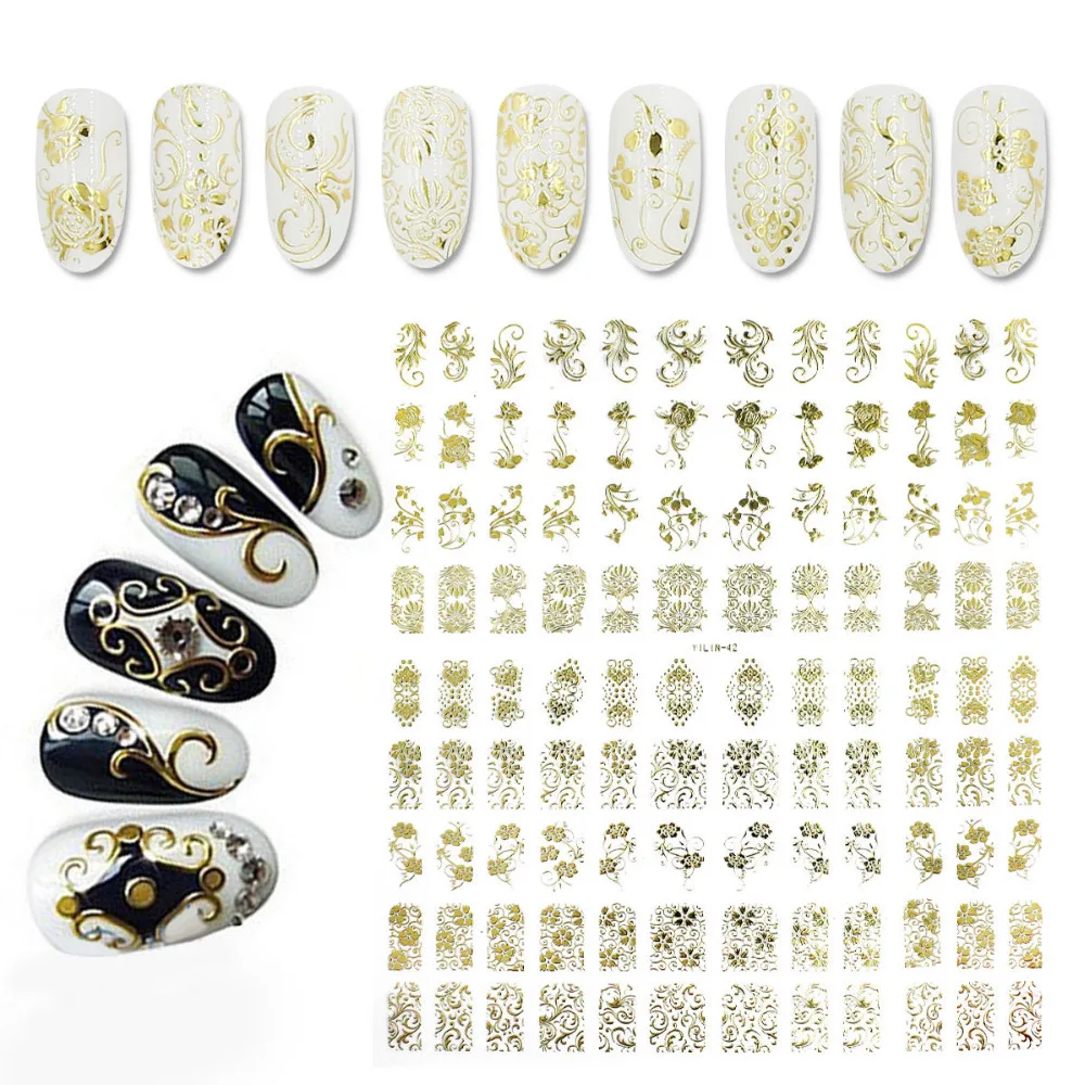 Gold Foil Golden Color 3D DIY Flower Nail Stickers Manicure Tools 3D