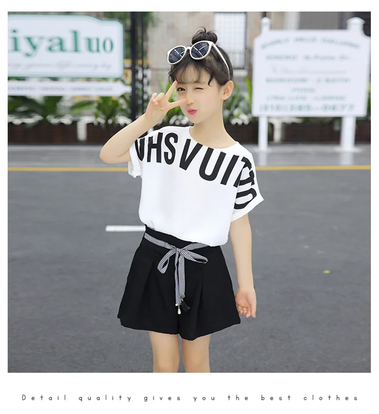 Summer Children Clothing Sets For Girls 2019 Fashion Letter Print Tshirts Tops Shorts Teenage Clothes 2Pcs Kids Suit 10 12 Years (12)