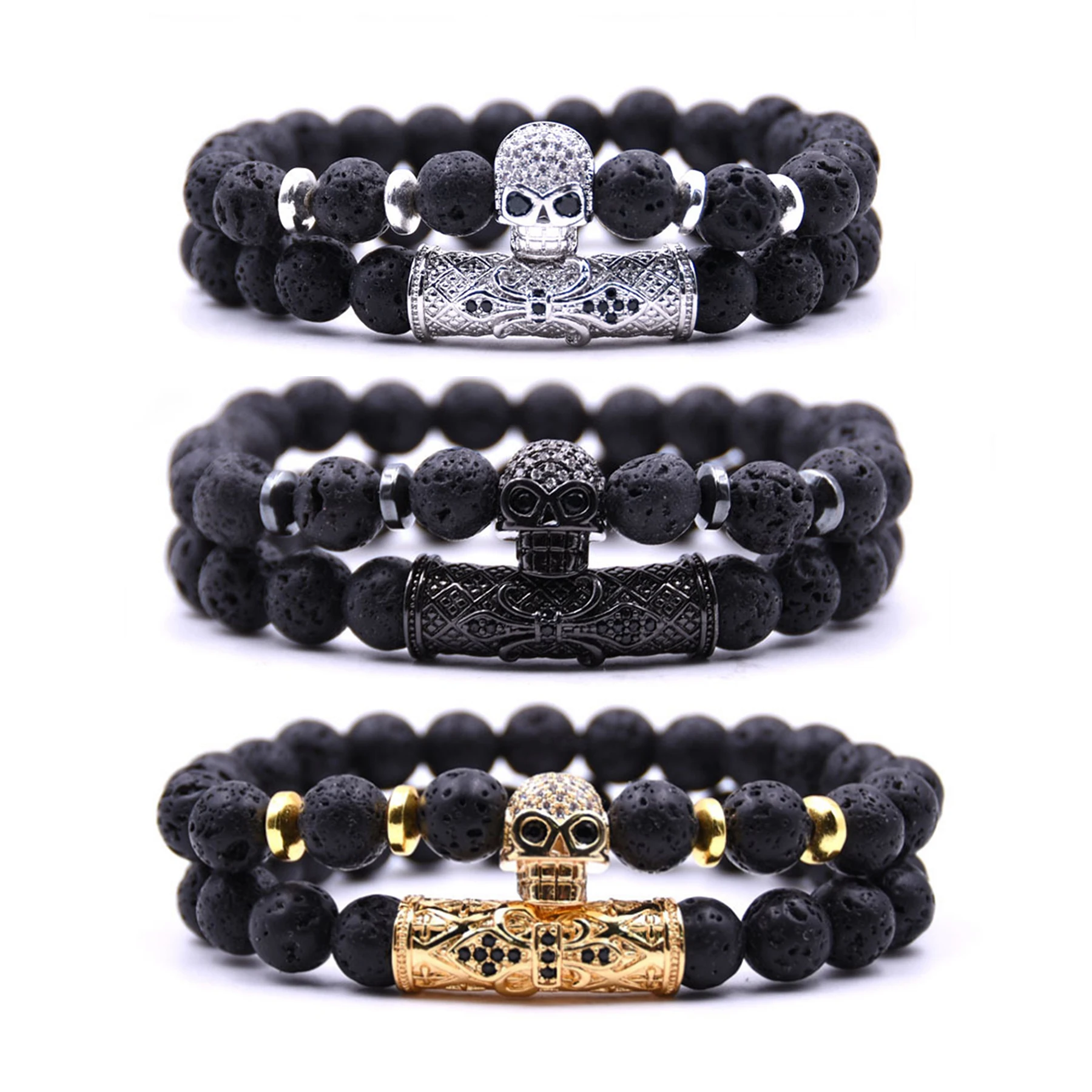 2018 Stylish2PCS/Set Black Lava Stone 8MM Sets Friend Bracelet for Women Men Micro Pave CZ Zirconia Skull Jewelry Gifts | Украшения и