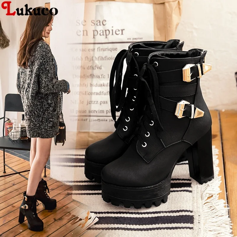 

Lukuco Concise Sexy Lace UP Large Size 34-48 Ankle Boots Women Platform High Heels Female Shoes Woman Short Boot Ladies Footwear