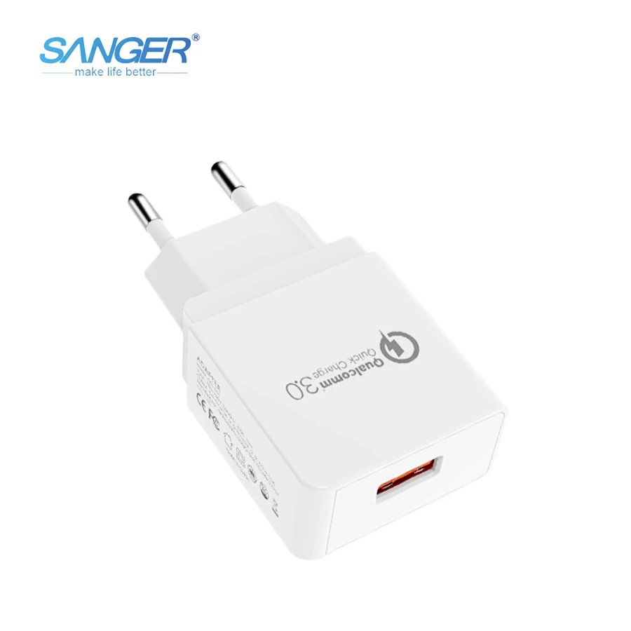 

SANGER Universal EU Plug Quick Charge QC3.0 18W Fast Mobile Phone USB Charger(QC2.0 Compatible)Adapter for Samsung Huawei Xiaomi