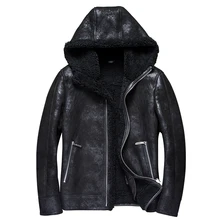 Denny& Dora Мужская овчина зимняя оригинальная Шуба с мужской кожаной курткой, шуба из овчины с капюшоном