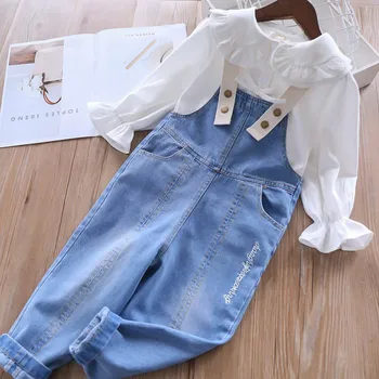 

Roimyal Wholesale 2019 fashion spring girl lotus leaf collar bow girl shirt + cute light blue denim overalls free shipping