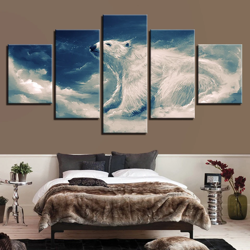 

Art Modular Canvas Paintings Poster 5 Pieces HD Printing White Bear And White Cloud Scenery Pictures Living Room Wall Decoration
