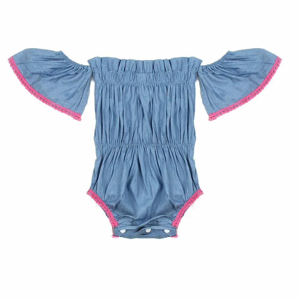 Puseky Ins Hot 2017 Babies Denim Floral Romper Flare Short Sleeve