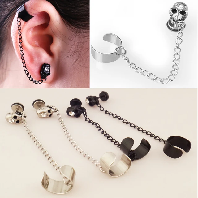 Crystal In Skull Stud Earrings Long Chain Ear Cuff Stainless Steel Crystal In Skull Stud Earrings Long Chain Ear Cuff Stainless Steel Jewelry For Women Men 1