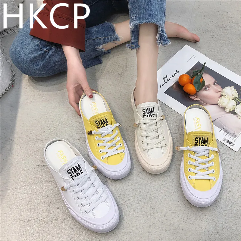 

HKCP Fashion 2019 summer new leisure baotou loafers lace up small white shoes half sandals sandals student shoes C227