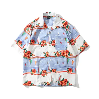 

New Flower Print Casual Shirts Men Summer Short Sleeve Tops Tees 2019 Urban Japanese Streetwear Floral Beach Hawaiian Shirt