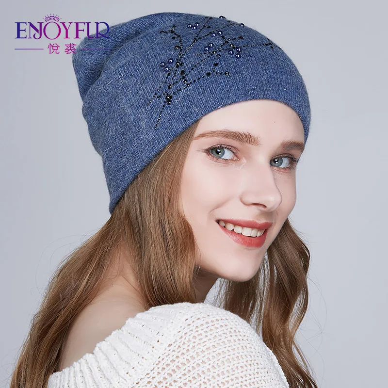 

ENJOYFUR Winter Hats For Women Warm Knitted Angora Rabbit Beanies Fashion Rhinestones Female Caps With Double Lining