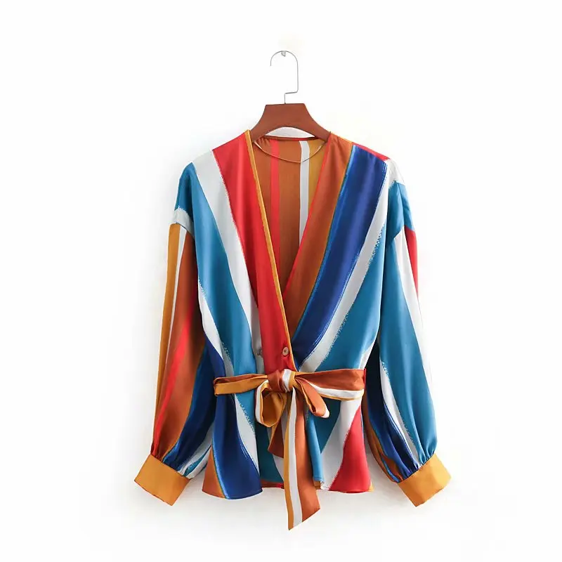 

women vintage colorful striped print casual kimono blouse shirt women v neck smock tops bow tied sashes femininas blusas LS3368