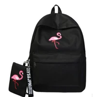 Harajuku school bag female Korean version of ulzzang high school students flamingo print campus college wind canvas backpack - Цвет: Черный