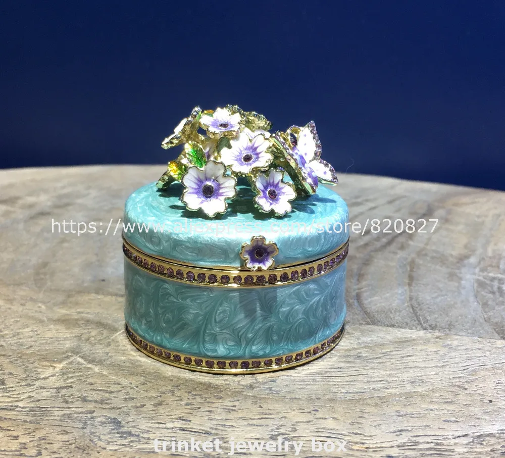

Crafts Enameled Round Box with Flower Blossom Trinket Box, Accented with Czech Crystals Color Random