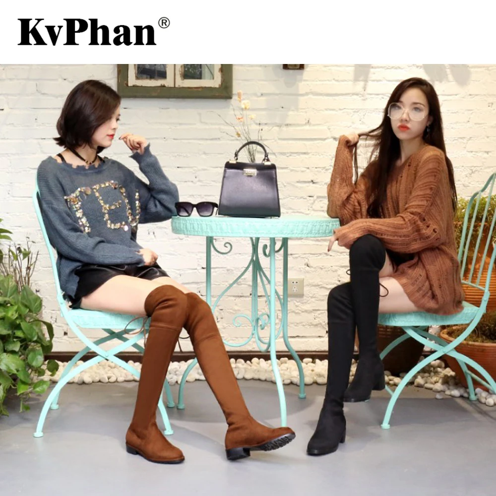 

KvPhan Sexy Pointed Toe Woman Flock Boot Square Heels 4.5 cm Heel Height Winter Over-the-knee Boots Shoes Size 34-41 Shoes Woman