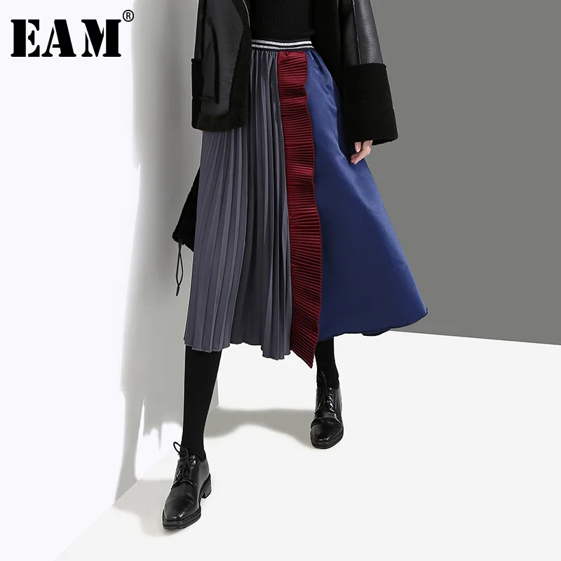 

[EAM] 2019 New Spring Summer Hgh Elastic Waist Black Hit Color Irregular Pleated Ruffles Half-body Skirt Women Fashion JL107