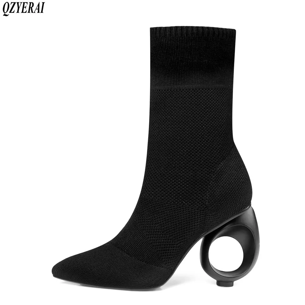 

QZYERAI 2018 Spring and autumn new fashion stretch female boots pointed socks female boots shaped heels large sizes 34-43