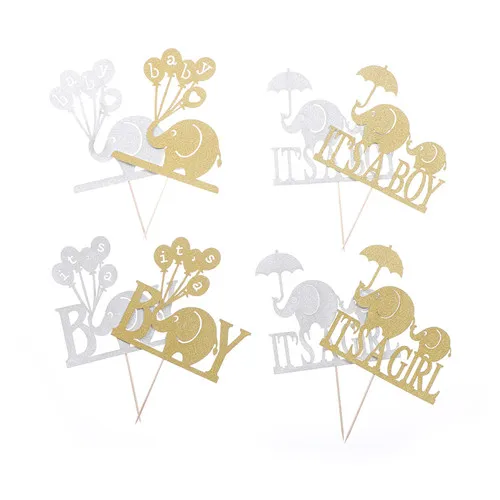 Sliver/Gold Elephant Its a Boy Girl Cake Topper Baby Shower Party Decorations Favors Baptism Glitter Paper Babyshower Supplies|sliver f|decorative