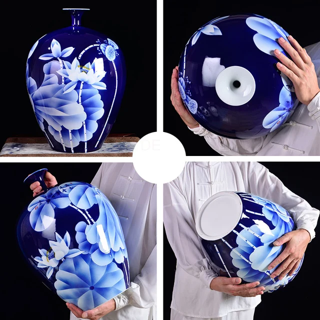 Big Blue Vase Collection Jingdezhen Ceramic Master Handpainted White Lotus Fine Porcelain Decorative Flower Vase 4