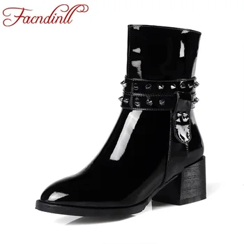 

FACNDINLL handmade genuine patent leather ankle boots women black zipper rivets casual shoes botas warm winter motorcycle boots