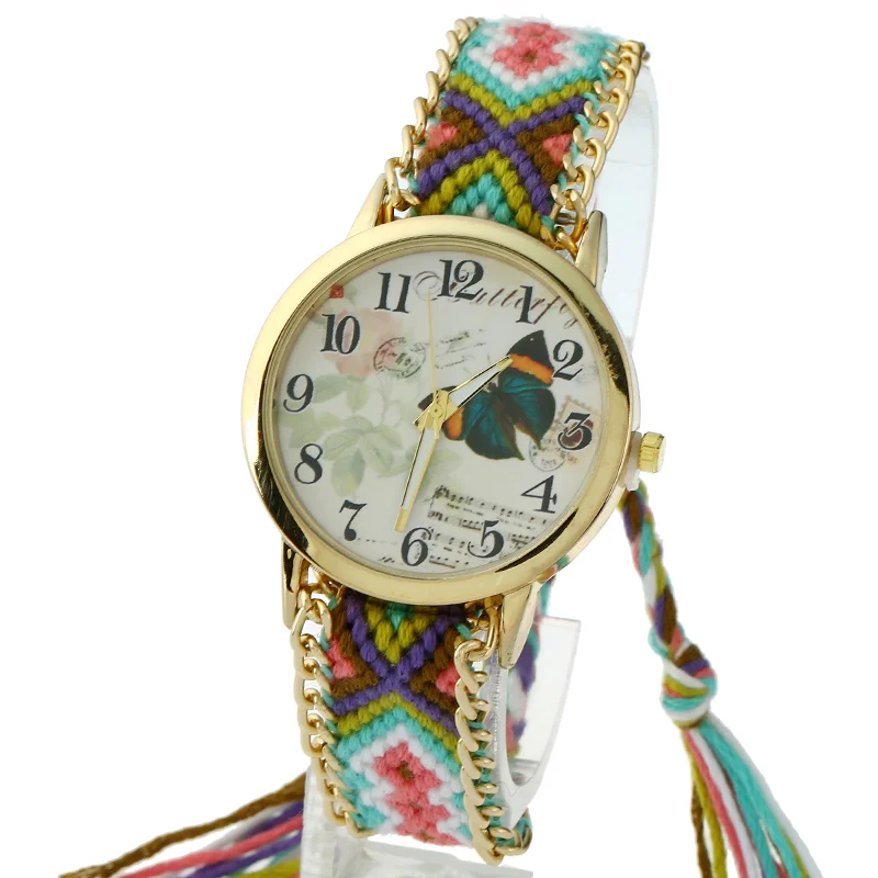 Женские наручные часы Gnova платиновые с зеленой бабочкой в этническом стиле