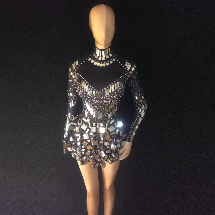 Блестящее Серебряное платье с зеркалами и камнями, боди для женщин, певиц, танцовщиц, Платья для вечеринок, костюм для джазовых танцев, цельный костюм