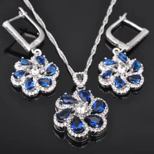 Цветок Дизайн синий кубического циркония для Для женщин партии Серебряные комплекты ювелирных изделий кулон Цепочки и ожерелья Серьги JS0326