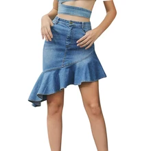 Faldas Mujer Moda Летняя женская джинсовая юбка с асимметричными оборками пикантная короткая джинсовая юбка-карандаш с высокой талией