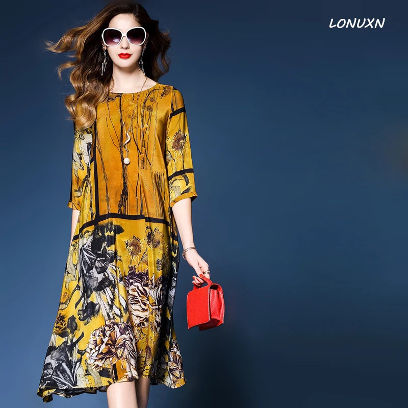 

high quality summer new Female Korean Vintage Fashion real wild Silk print Loose large size long girls dress O-Neck A-Line dress