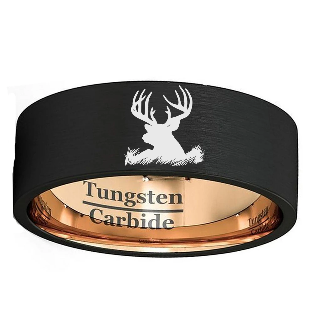 

8mm Black and Rose Gold Color Matte Flat Men Cool Ring Comfort Fit with Xmas Deer Head Engraved Available Size 7 to 13