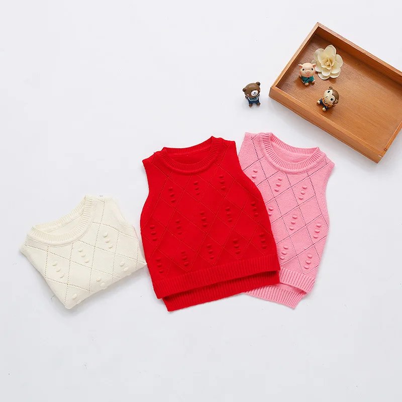 Hollow Out Baby Girl Sweater Vest Diamond Pattern O-Neck Sweet Princess Sleeveless Outfit Children's Knitting Pullover High Quality (15)