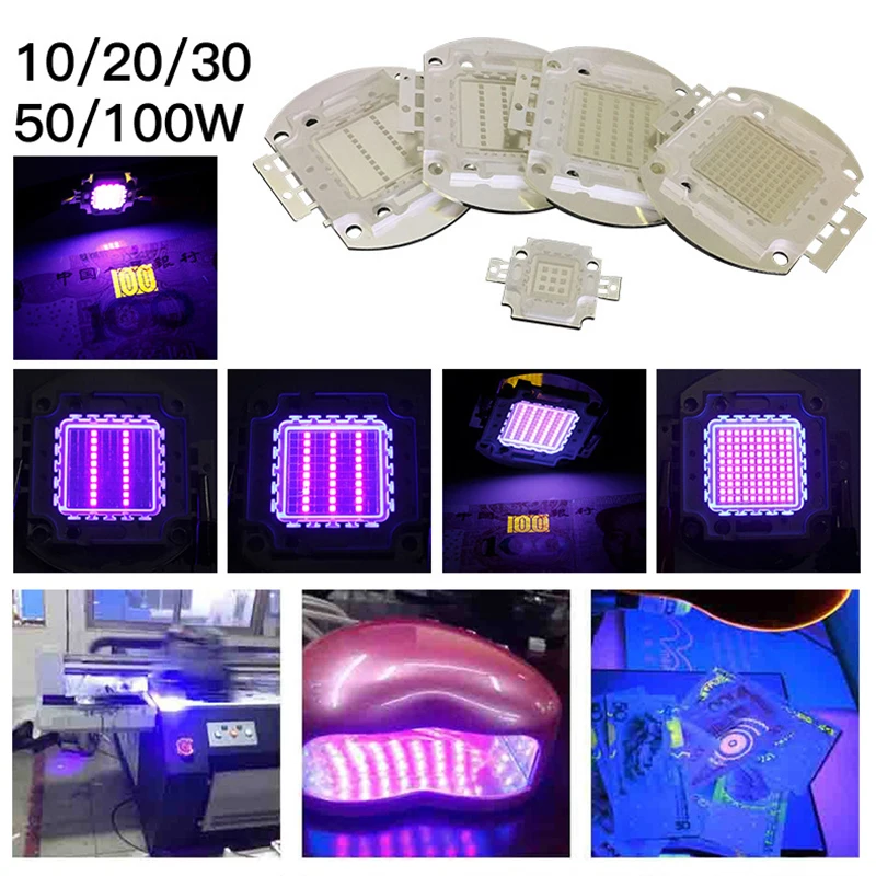 УФ светодиодный интегральных микросхем 365nm 370Nm 395Nm 400Nm высокое Мощность удара ультрафиолетовых лучей для денег 10/20/30/50/100 Вт Сушилка для ногтей