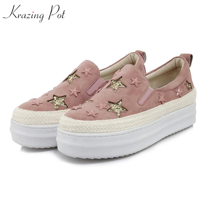 

Krazing Pot sheep suede Autumn season flat platform five-star pattern bling round toe casual British style vulcanized shoes L5f5