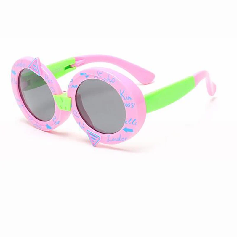 Новые милые носки с буквенным принтом для малышей, солнцезащитные очки с граффити, поляризационные, для мальчиков и девочек, UV400 поляризованные солнцезащитные очки круглой формы для Oculos 8010 - Цвет линз: pink frame green
