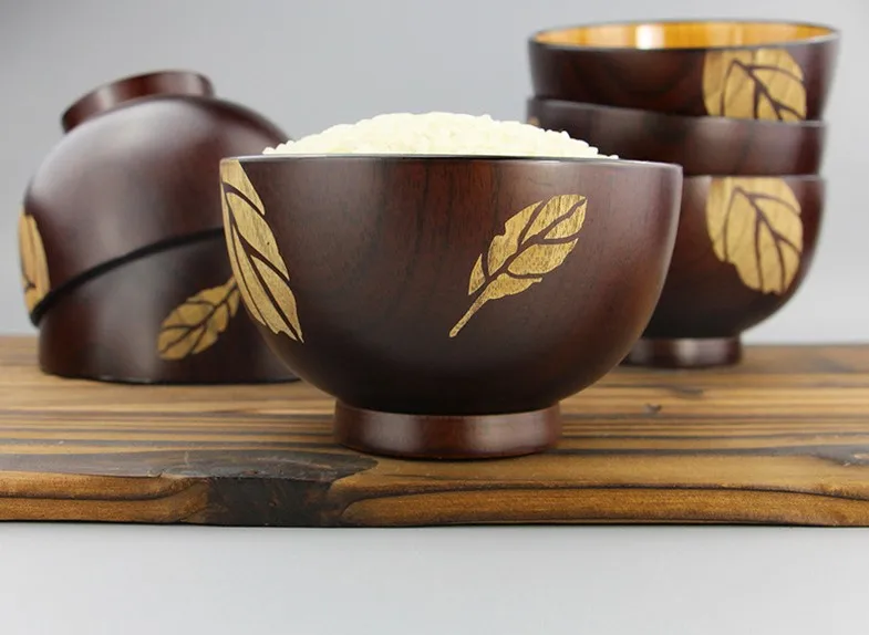 

1PC Food Safety Wooden Bowls Leaf/Flower Pattern Jujube Wood Rice Soup Bowls Heat Resistant Wood Household Utensil ELC 010