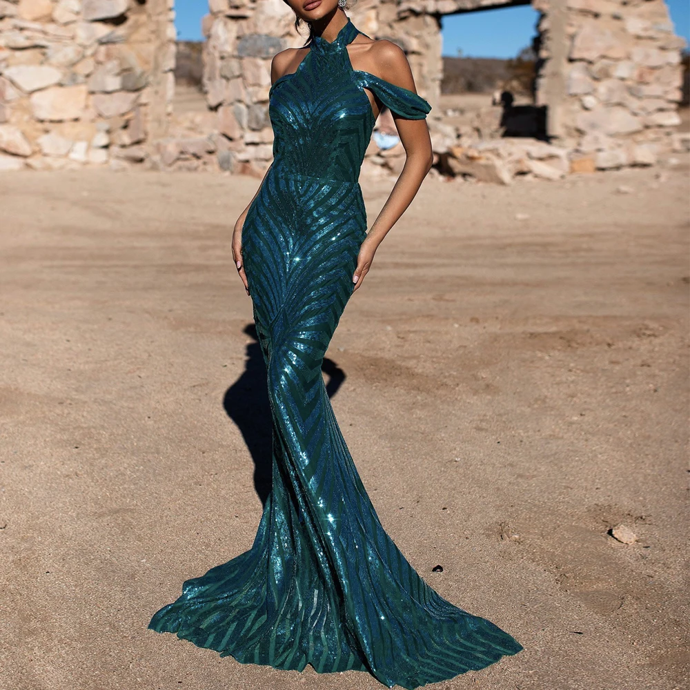 

2019 New Fashion Sexy Green Sequin Long Maxi Evening Celebrity Party Mermaid Dress Luxury Sleeveless Off The Shoulder Vestidos