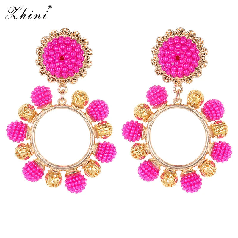 

ZHINI Hyperbole Ethnic Style Big Flower Jingle Earrings Long Statement Earrings For Women Female Beaded Long Drop Dangle Earring