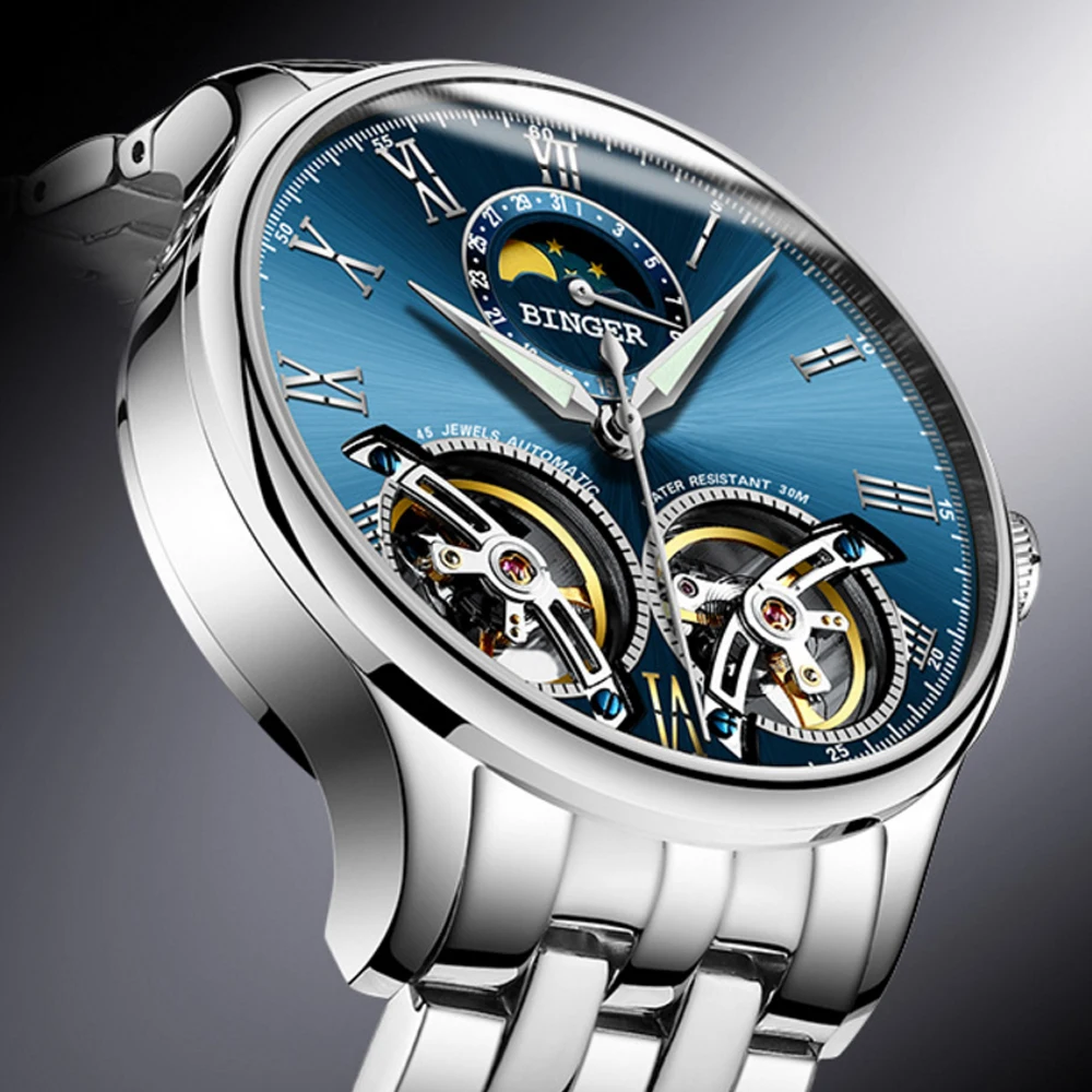 Мужские механические часы с двойным турбийоном, Бингер, оригинальные мужские автоматические часы, модные мужские наручные часы