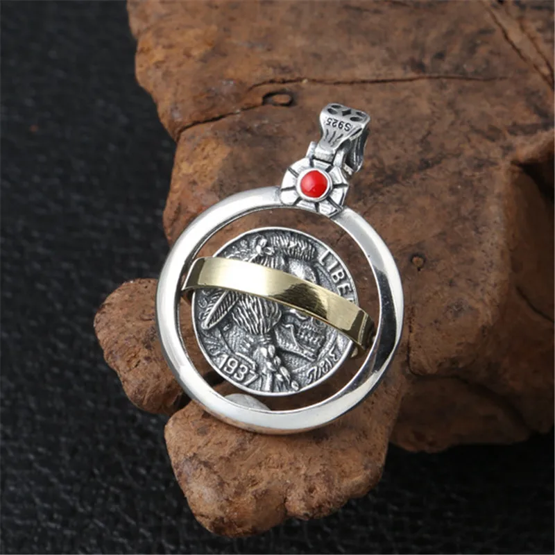 Стерлинговое Серебро 925 Череп медальон кулон для мужчин индийский вождь Серебряная монета Rotable Черный Тайский серебряные ювелирные изделия подарки