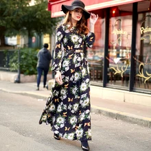 2016 Chiffon Vintage Floral Print Long Sleeve Summer Dress New Spring Women Slim Fit & Flare Maxi Long Dresses Plus Size