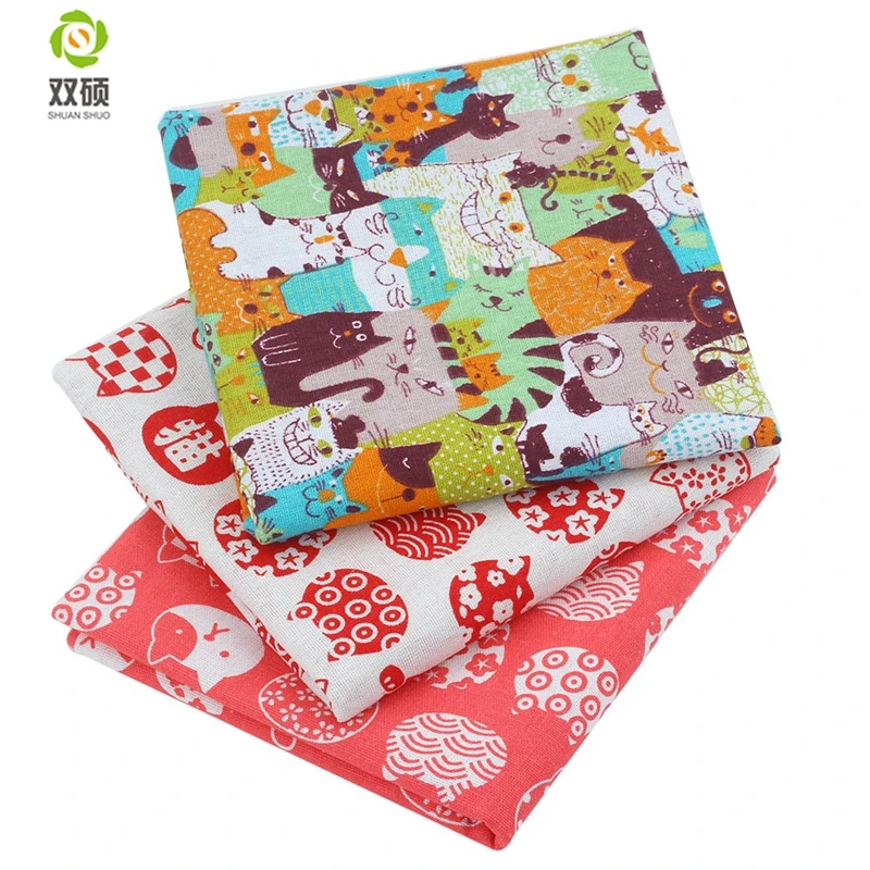 Shuanshuo мультфильм хлопок лен с рисунком ткань DIY Украшение дома Лоскутная Ткань для подушки, хозяйственная сумка, 45X45 см 3 шт./партия