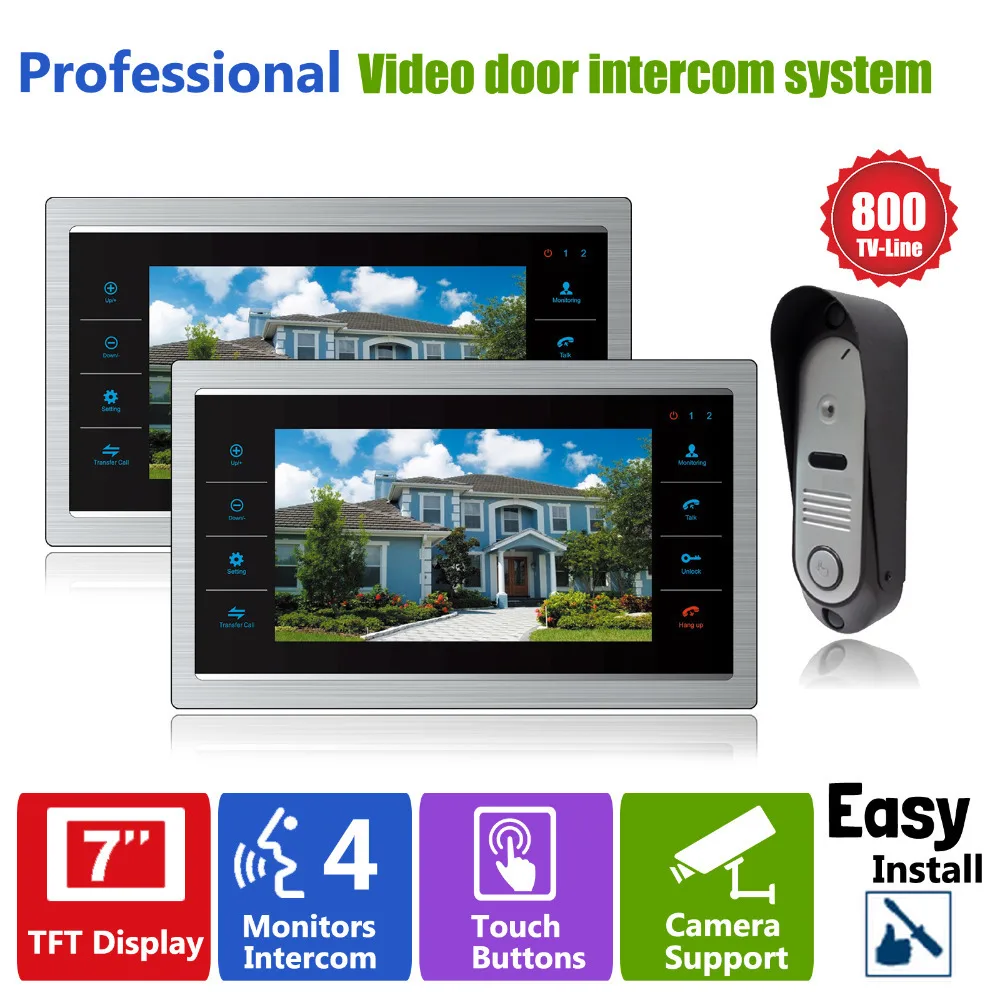 Homefong  Video door Phone Intercom Doorbell Camera System 7 Inch Door Monitor  Home Security Touch Key 800TVL HD Camera