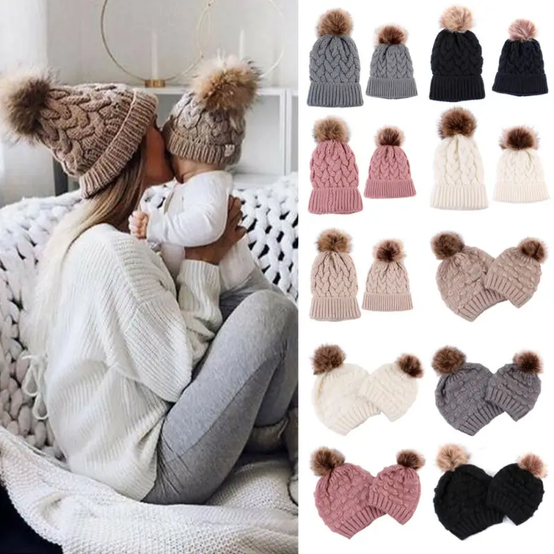 

AU Mother Baby Kids Daughter/Son Warm Hat Matching Knitting Wool Pom Bobble Hat Winter Warm Beanie Cap
