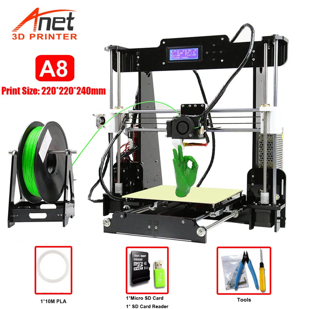 Заводская распродажа Anet A8 3d принтер 2004 lcd MK8 насадка Высокая точность Reprap i3 DIY Набор 3d принтер размер печати 220*220*240 мм