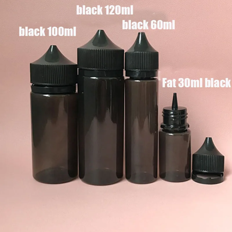 

5pcs 30ml/60ml/100ml/120ml Empty Black PET e juice Bottle Vape Dropper Bottles Childproof Cap liquid Cig Oil fill Containers