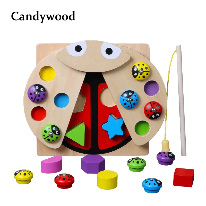 

Candywood Wooden Catch Cute Chafer Ladybug Insect Magnetic Fishing Game Shape matching blocks Montessori toys for Baby kids
