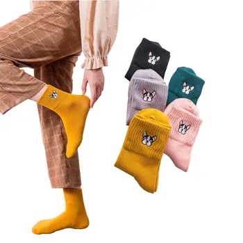 

2018 new woman girl Japanese cartoon bulldog pattern cotton embroidery in tube socks thread mouth design Harajuku retro yellow