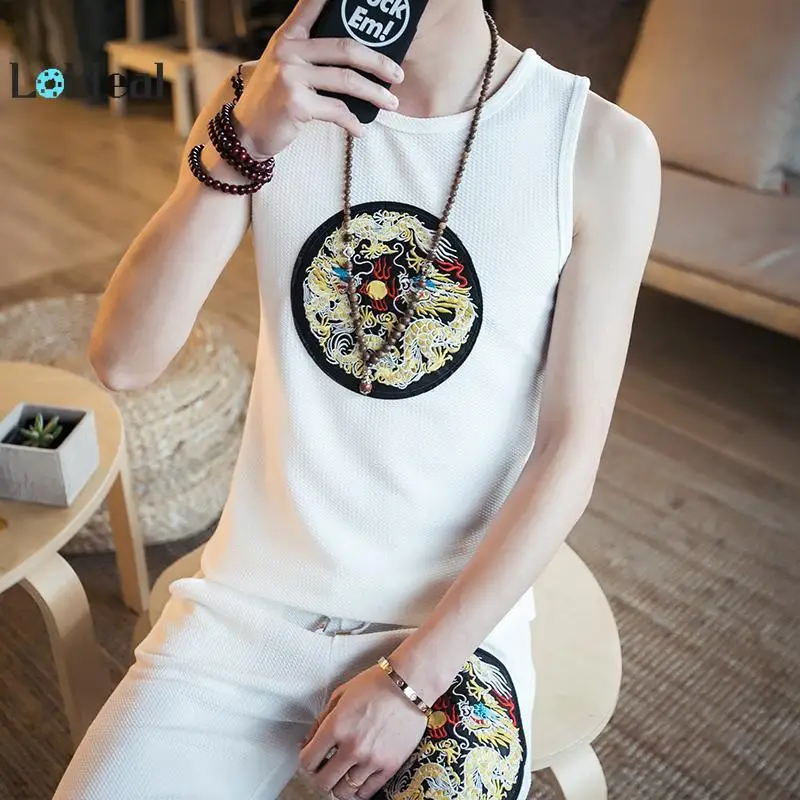 

LOLDEAL Summer New Dragon Pattern Men's Sleeveless Vest Shorts Suit Chinese Cotton Sleeveless Five Pants Men