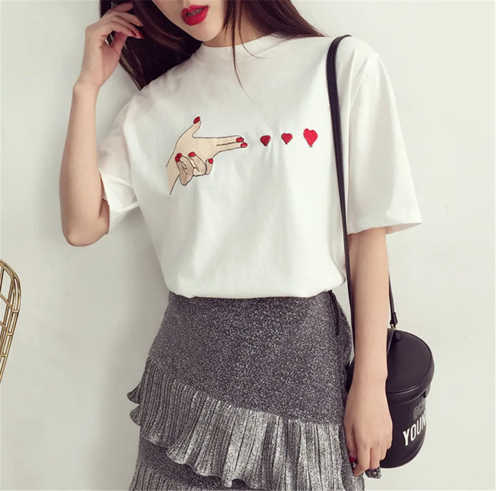 Summer Heart Hit Embroidery Women T Shirt 2017 Women Simple Shirts Casual cool top tee Short Sleeve O Neck loose T-shirt  (5)