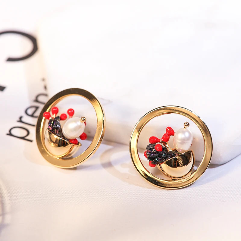 

Vanssey Fashion Jewelry Flower Potting Natural Pearl Stone Enamel Stud Earrings Party Wedding Accessories for Women 2019 New