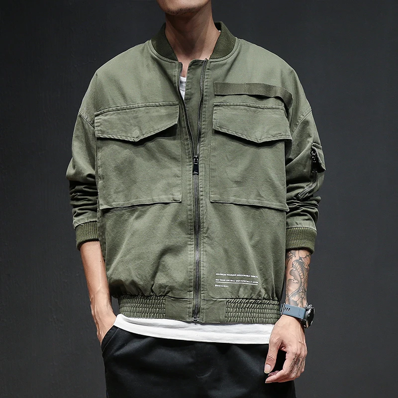 

Men's Stand Collar Jacket 2019 New Autumn Plus Size Letters Army Green Tactical Bomber Jackets Cargo Coats Japanese Streetwear